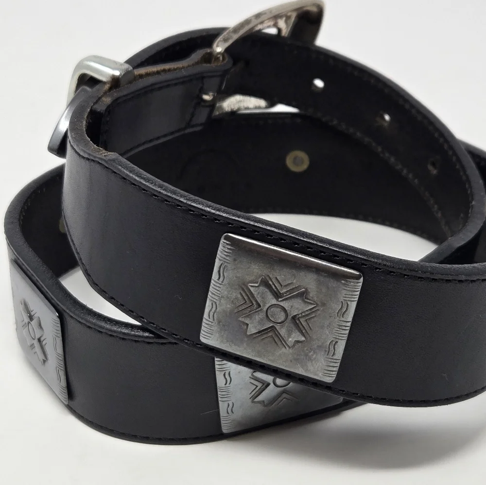 BOGNER BLACK LEATHER BELT SILVER WESTERN MEDALLIONS SKULL BUCKLE WESTERN WOMEN M